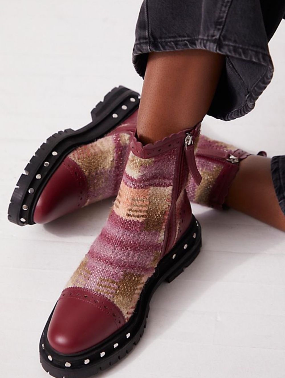 Free People Chelsea Tate Boot Mulberry Mix  Patterned Knit Ankle Boots Bohemian